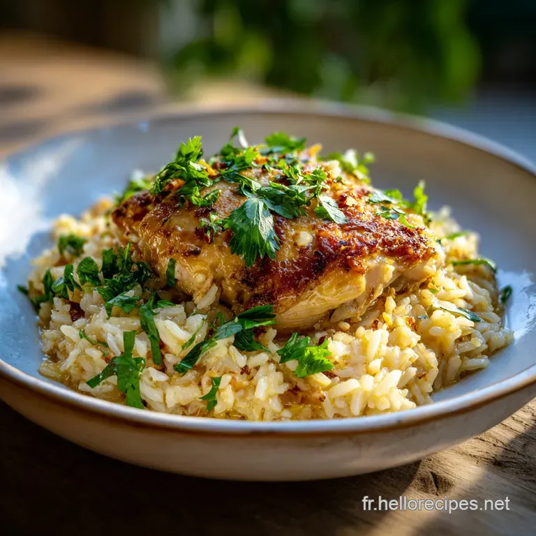 Elegant plate of creamy chicken and rice, garnished with fresh parsley. A rich, savory sauce glistens over tender chicken ...