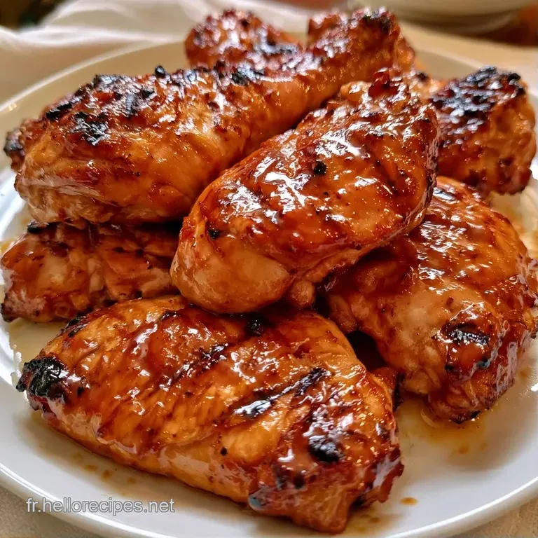 Filets de poulet luisants de sauce sombre, dispos&eacute;s avec soin sur une assiette blanche et agr&eacute;ment&eacute;s de graines de s&eacute;same.