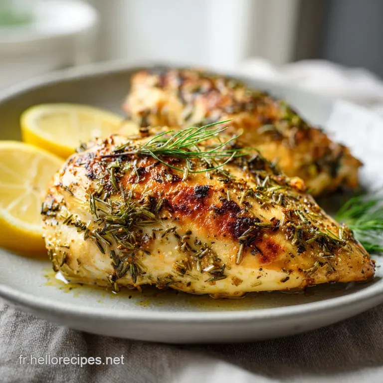 Elegant plate showcasing tender lemon chicken. Notice the vibrant green herbs and the subtle shimmer of the light, citrusy...