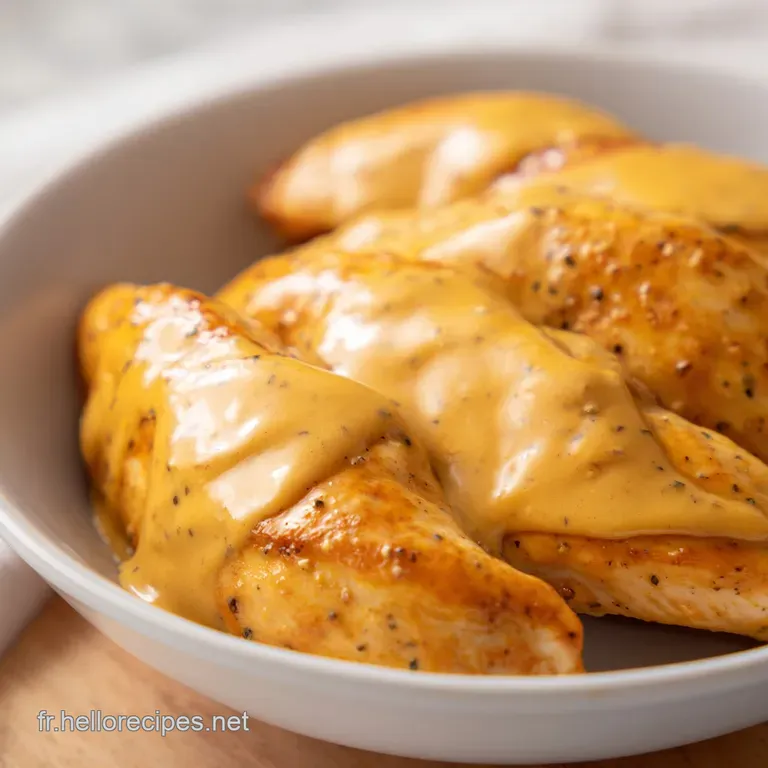 Morceaux de poulet tendres dans une assiette blanche, entour&eacute;s d'une sauce onctueuse et velout&eacute;e, d&eacute;cor&eacute;e de verdure.