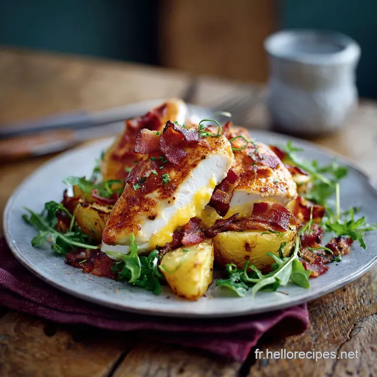 A perfectly plated chicken dish. Tender chicken glistens alongside vibrant greens, all drizzled with a luscious, creamy sa...