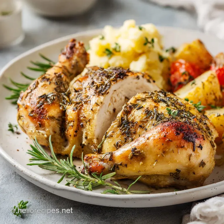 Plated roasted chicken with crispy skin, served alongside roasted potatoes and sprigs of fresh rosemary; a gourmet present...