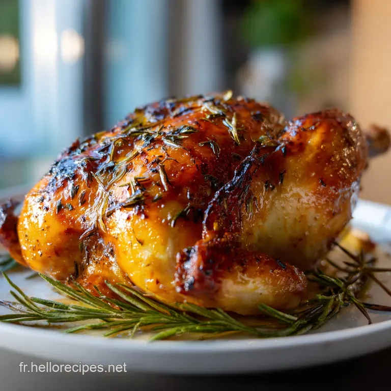 A slice of juicy roast chicken with herbs, nestled beside golden potatoes and glazed carrots, elegantly plated with jus.