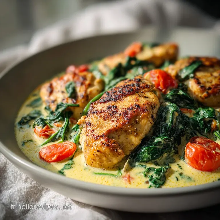 Morceaux de poulet juteux d&eacute;pos&eacute;s dans une cr&egrave;me onctueuse, agr&eacute;ment&eacute;s de feuilles d'&eacute;pinards et de tomates rouges.