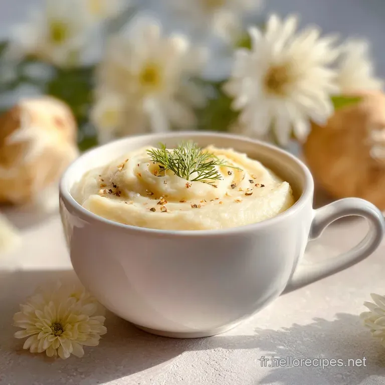 A swirl of ivory celery root pur&eacute;e, drizzled with olive oil and garnished with vibrant greens, on a white plate.
