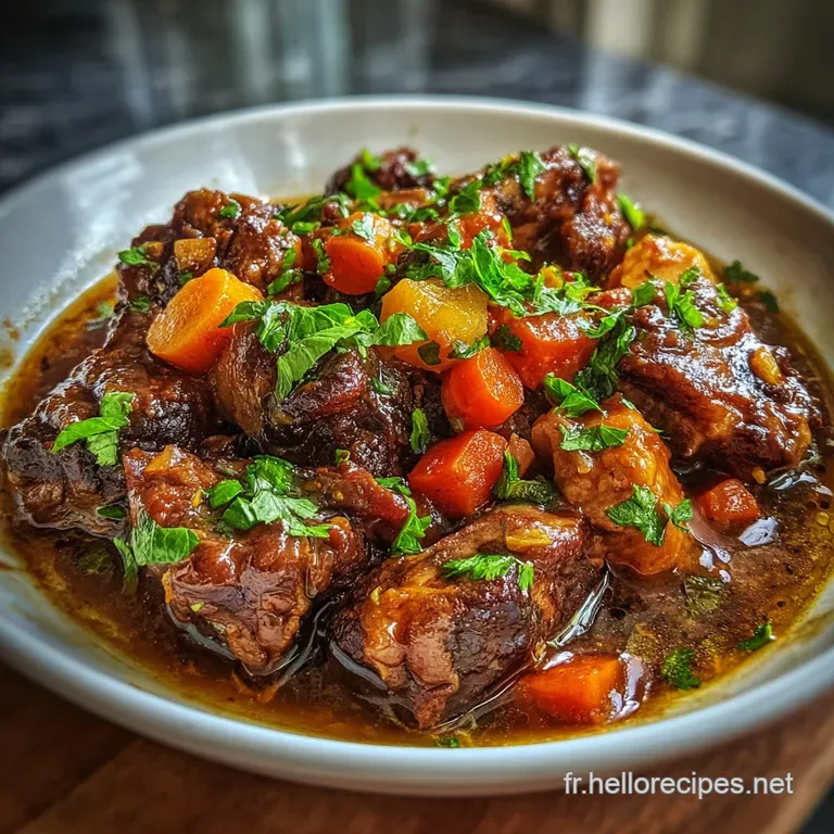 Braised oxtail plated atop creamy mashed potatoes, glistening with sauce, garnished with fresh parsley. Comfort food elev...