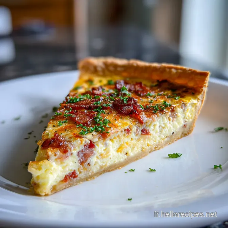 A single slice of quiche Lorraine on a white plate, its rich eggy center studded with crisp bacon.