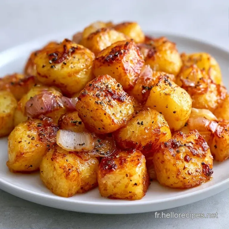 Quelques cubes de pommes de terre rissol&eacute;s sur une assiette blanche, parsem&eacute;s de persil et d'un filet d'huile brillant.