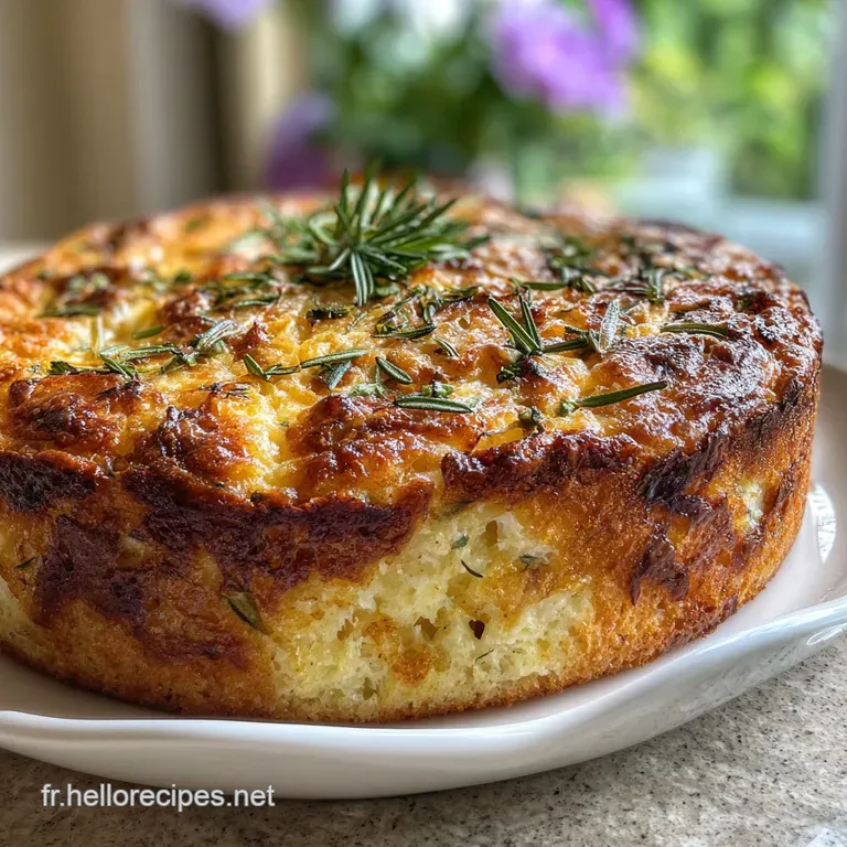 Slice of savory cake with herbs. Golden crust and visible vegetables; a delightful snack or appetizer.