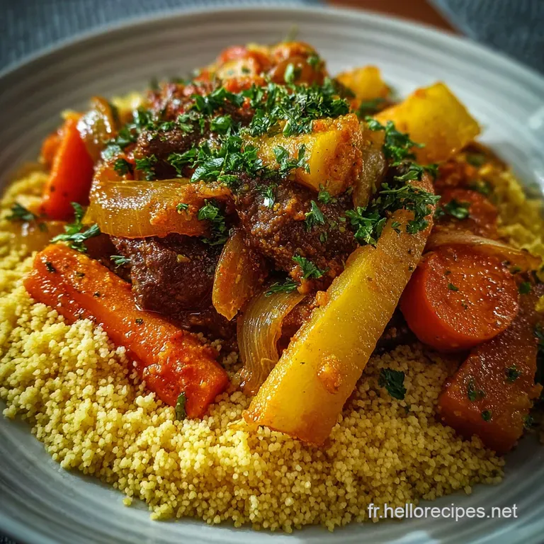 Couscous artfully plated; glistening broth coats tender vegetables and plump grains, topped with fresh herbs for a bright ...