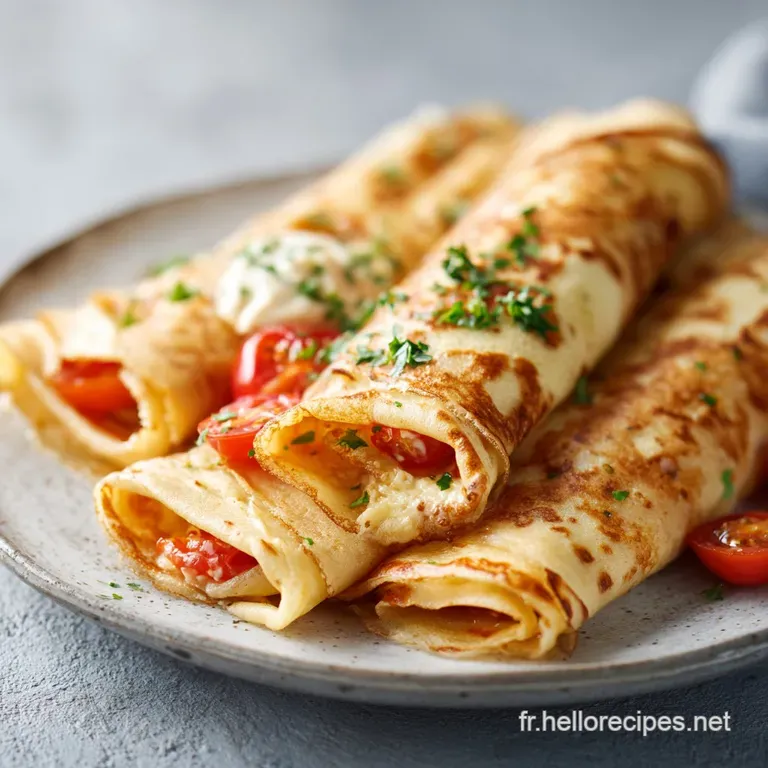 Stack of thin, delicate cr&ecirc;pes, artfully folded and garnished with fresh herbs, presented on a white plate, ready to be sa...