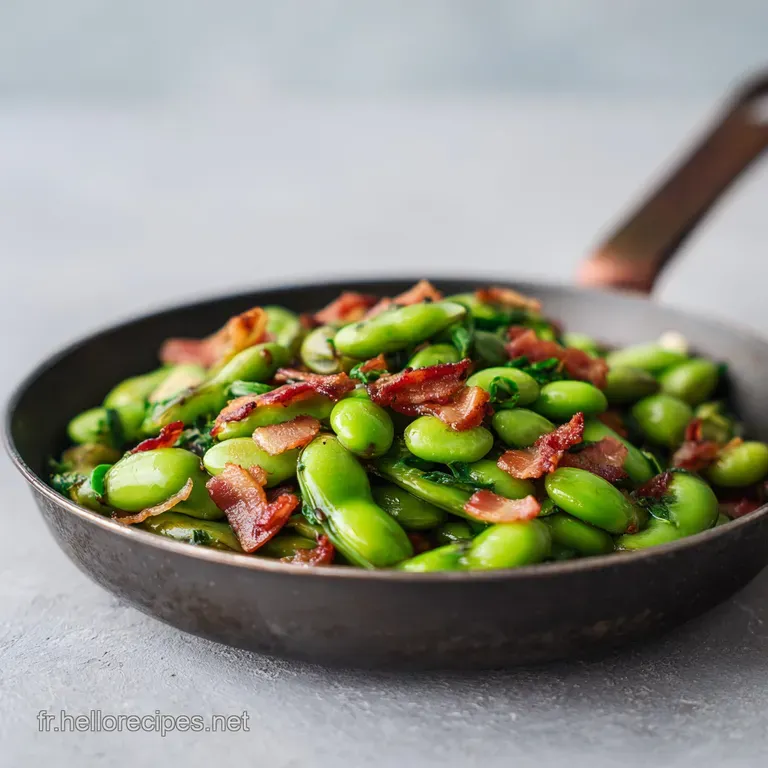 A single serving of vibrant green broad bean stew, elegantly plated and garnished with fresh herbs, hints of olive oil sheen.