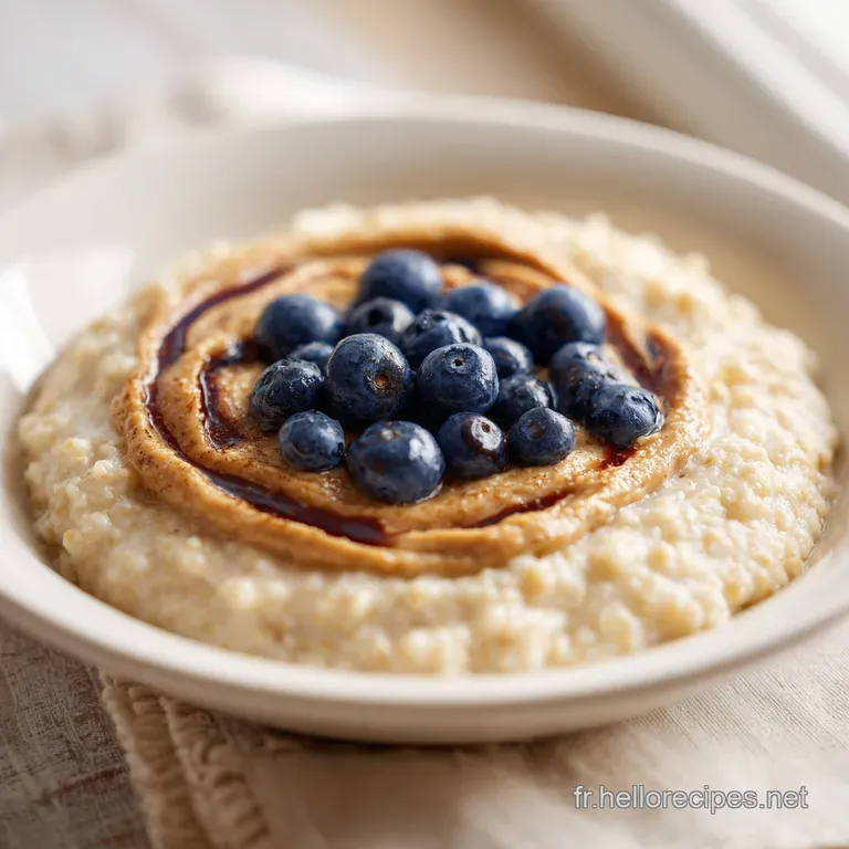 Elegant ceramic bowl of smooth almond porridge, drizzled with golden honey and a light dusting of cinnamon powder.