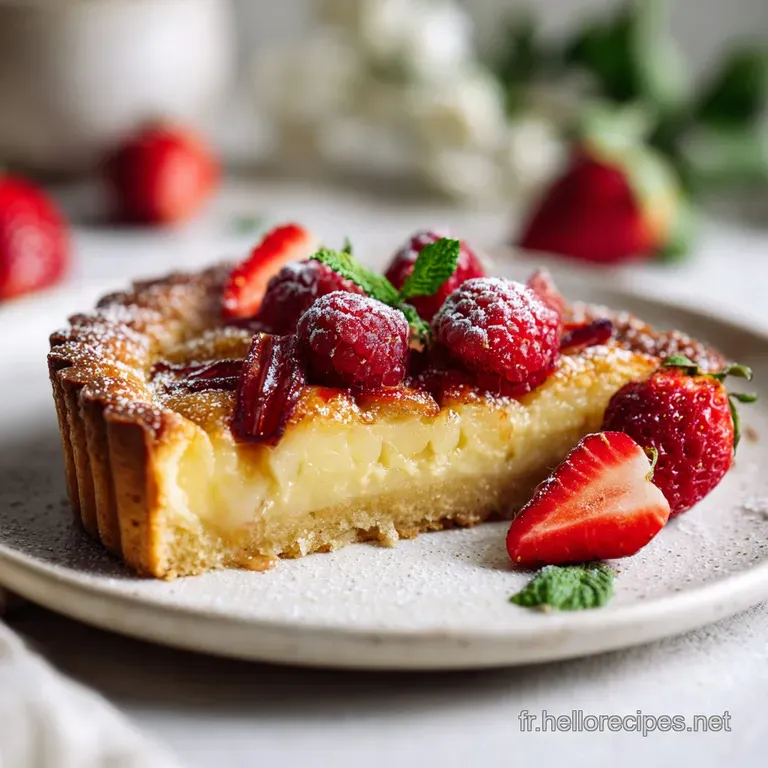 Slice of warm frangipane tart with powdered sugar dusting, sitting atop a white plate. Almond scent seems to radiate.