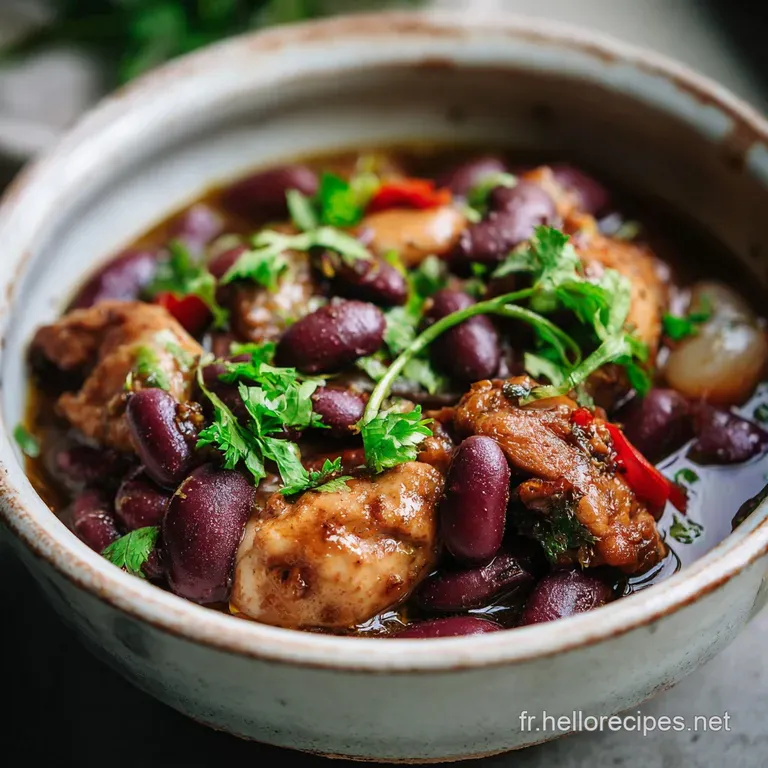 Glossy red beans and tender chicken arranged artfully in a white bowl. Garnish of bright parsley contrasts against the dar...
