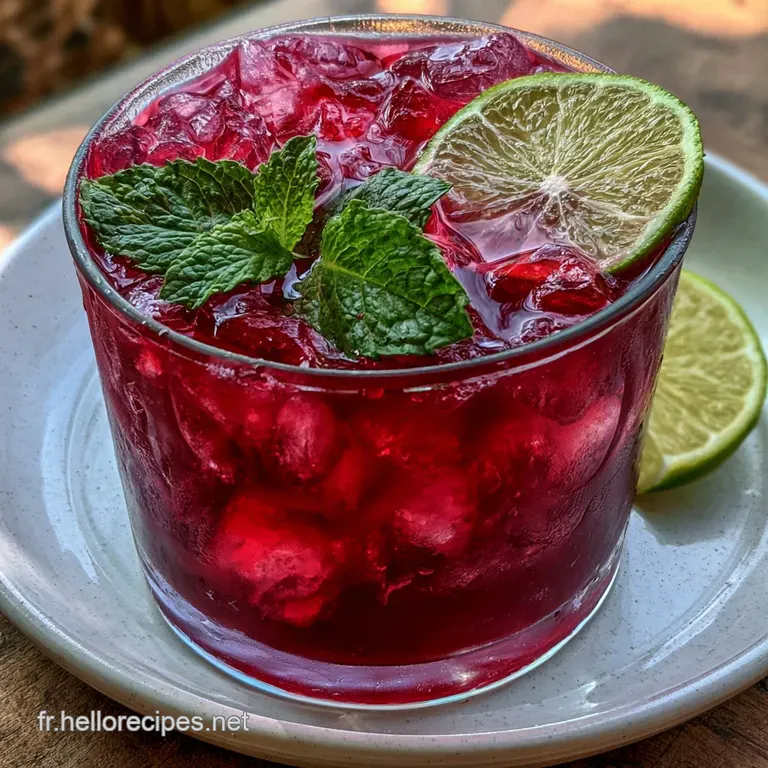 Verre &eacute;lanc&eacute; rempli d'un liquide pourpre vibrant, pos&eacute; sur un linge blanc avec des tranches de gingembre frais &agrave; c&ocirc;t&eacute;.