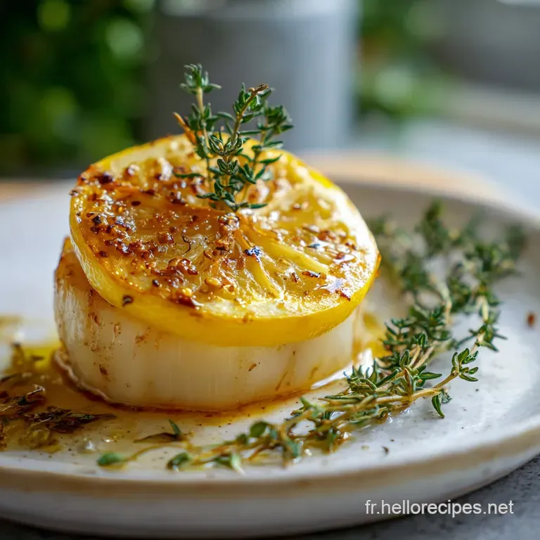 Elegant plate featuring flaky monkfish drizzled with lemon sauce. Garnished with thyme sprigs and a vibrant lemon wedge. S...