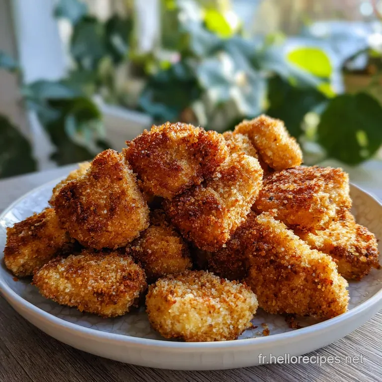 Four light-golden nuggets are plated with a creamy dip and bright green herbs, creating an inviting meal.