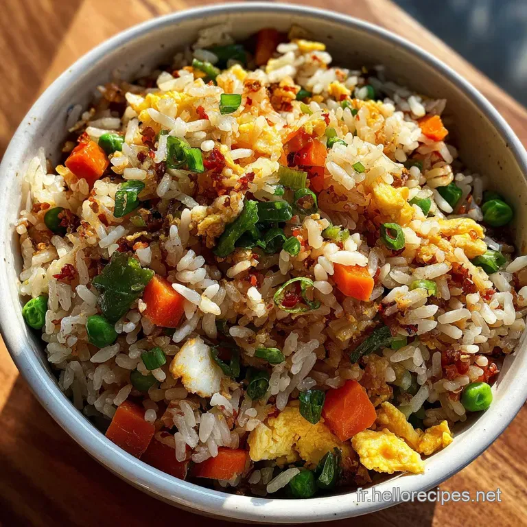 Elegant plate of Cantonese rice artfully garnished with scallions and a sprinkle of sesame seeds. Steaming with inviting a...