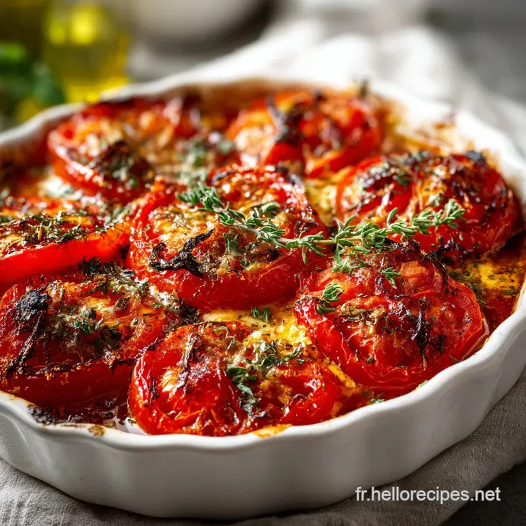 A rustic terracotta dish filled with bubbling, herb-flecked baked tomatoes, artfully arranged.