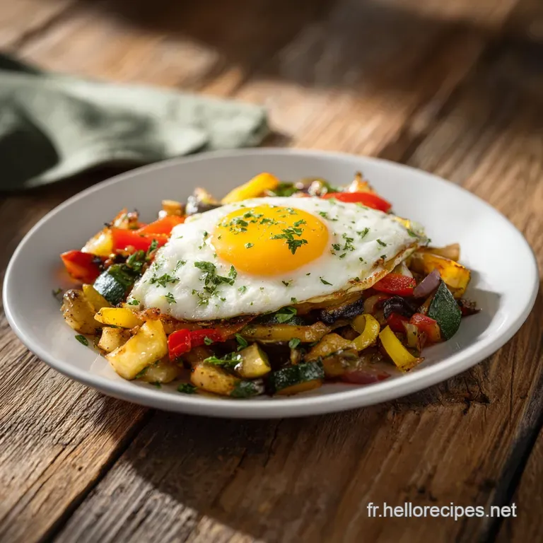 A vibrant plate of roasted vegetables, artfully arranged, showcasing caramelized edges and a sprinkle of fresh herbs. A he...