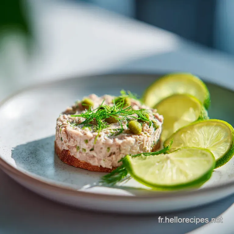 Refined appetizer of delicate tuna cubes mingled with bright lemon and lime, a scattering of herbs adding a fresh pop of g...