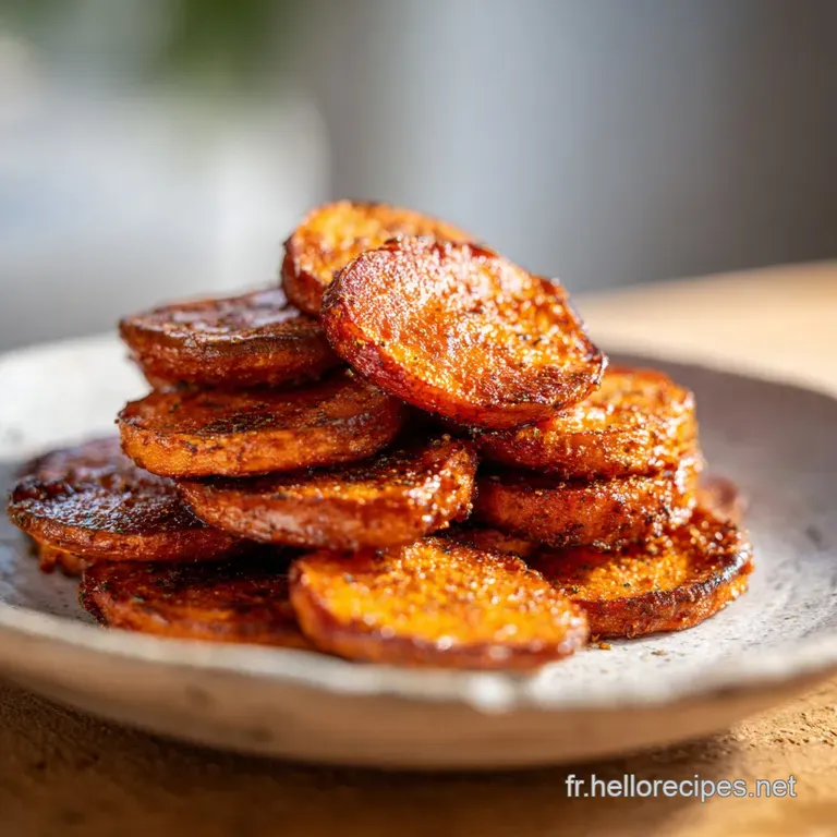 Stacked roasted sweet potato slices drizzled with sauce on a white plate, showing crispy edges and soft, yielding centers.