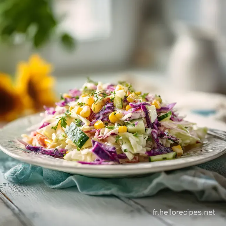 Neatly arranged mound of colorful salad in a white bowl, topped with fresh dill sprigs and a drizzle of dressing.