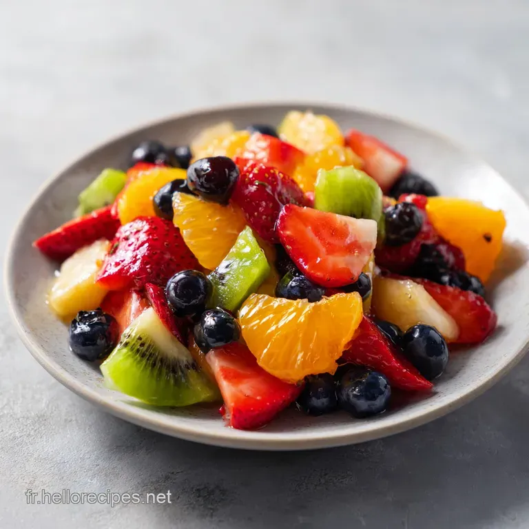 Elegant fruit salad: piled high in a glass bowl, topped with fresh mint, glistening with a light, sweet glaze.