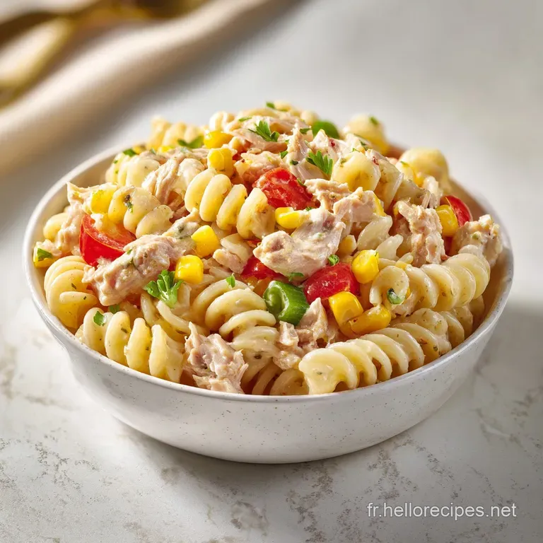 A generous portion of creamy pasta salad artfully arranged with scattered corn and fresh cilantro, a refreshing summer side.