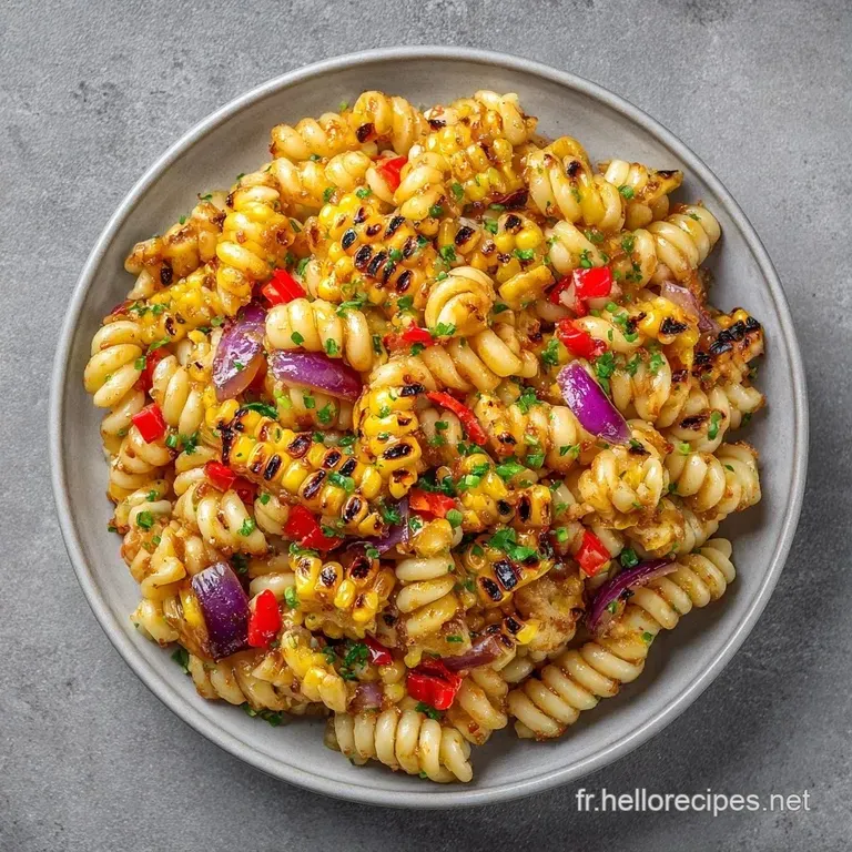 Salade color&eacute;e dress&eacute;e avec soin, m&ecirc;lant p&acirc;tes brillantes, l&eacute;gumes croquants et &eacute;clats de persil vert frais.