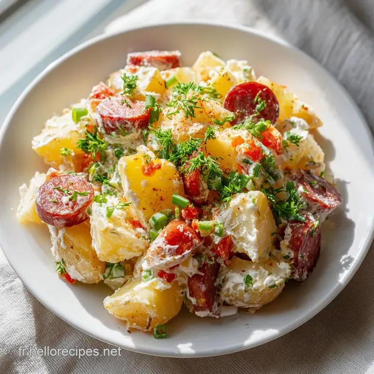 A rustic wooden board showcasing sliced sausage, crisp apple, and peppery greens with a light vinaigrette.