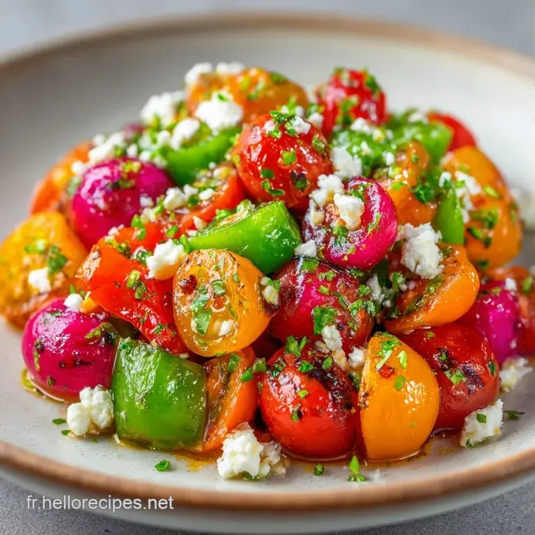 Assiette blanche mettant en valeur des l&eacute;gumes croquants et color&eacute;s, napp&eacute;s d'une vinaigrette brillante et fluide.
