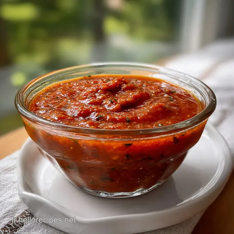 Vibrant red sauce drizzled artfully on a bed of bright yellow polenta, garnished with fresh, green herbs and a swirl of ol...