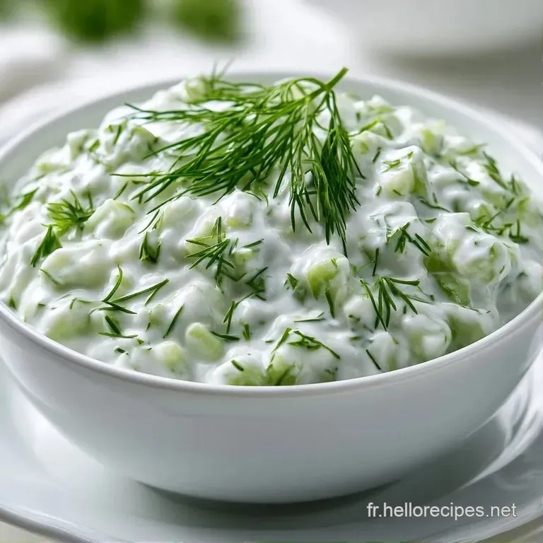 Bol en c&eacute;ramique blanche contenant une sauce fra&icirc;che et cr&eacute;meuse, d&eacute;cor&eacute;e de feuilles de menthe et d'herbes cisel&eacute;es.