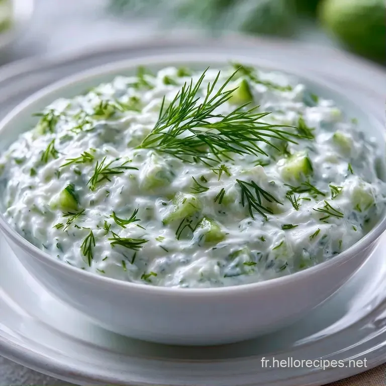 Bol en c&eacute;ramique avec une sauce blanche fra&icirc;che, d&eacute;cor&eacute;e de feuilles de menthe verte et d'un &eacute;clat d'huile dor&eacute;e.