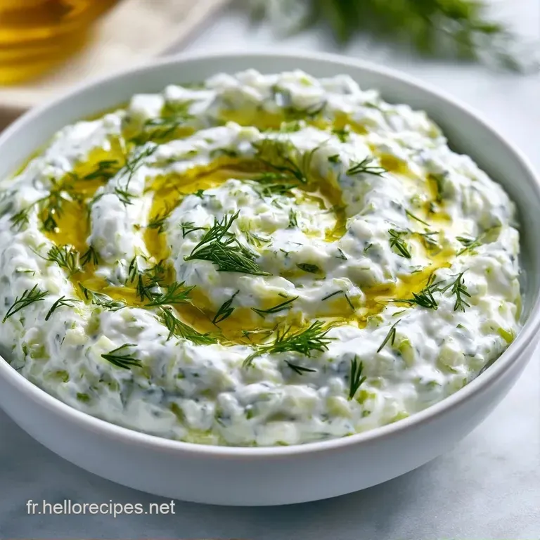 Bol en terre cuite contenant une sauce blanche fra&icirc;che, d&eacute;cor&eacute;e de feuilles de menthe verte et d'un tour d'huile brillante.