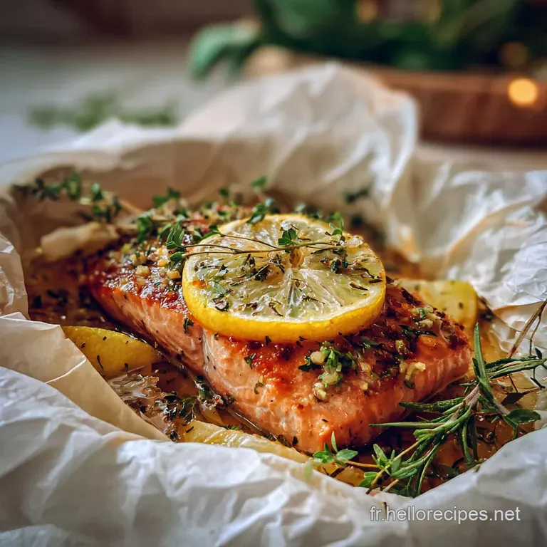 Perfectly cooked salmon fillet, flaky and moist, arranged with bright vegetables. A lemon wedge and fresh herbs complete t...