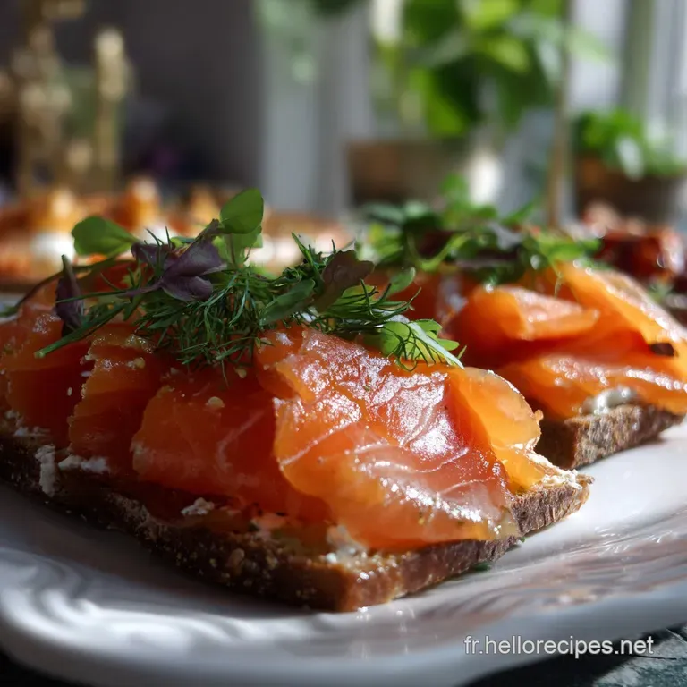 Thinly sliced salmon gravlax fanned out gracefully, exhibiting varying shades of pink and orange, with lemon wedges and ca...