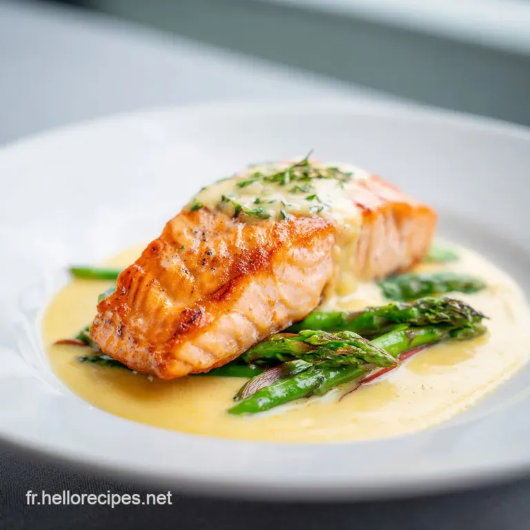 Elegant salmon dish featuring flaky fish, bright green asparagus, and a zesty lemon slice. A simple, romantic meal.
