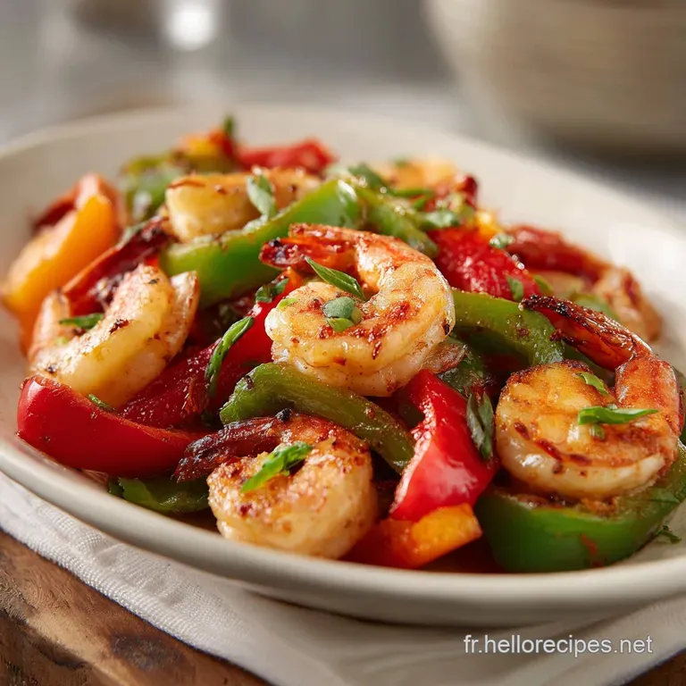 Plump, seared shrimp and vibrant pepper strips artfully arranged on a white plate, garnished with herbs.