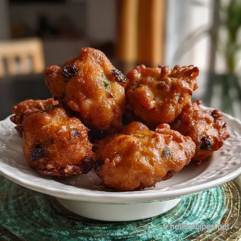 A single beignet on a rustic wooden board, showing its textured, honeycomb-like interior next to a scattering of raisins.
