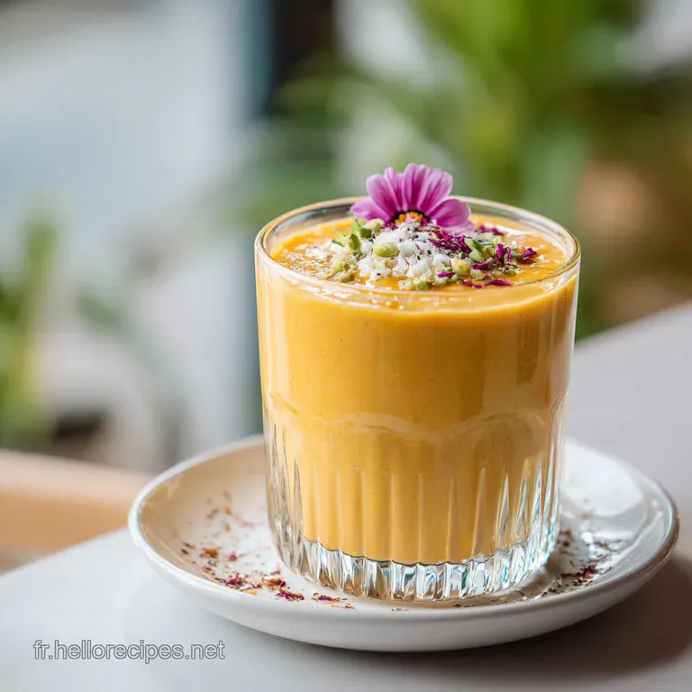 Frothy green smoothie in a tall glass, garnished with a mint sprig and a dusting of granola.