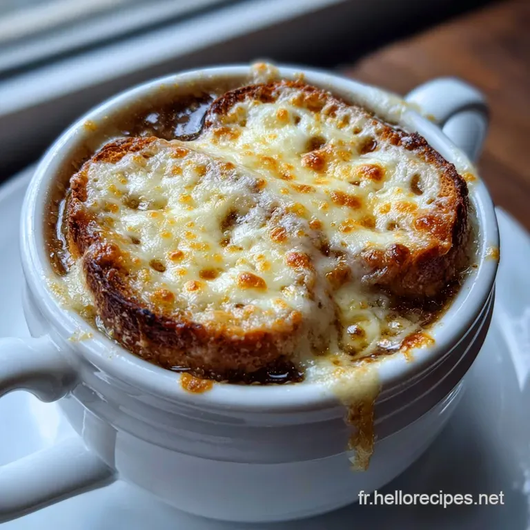 Elegant white bowl showcasing a steaming, golden onion soup. Cheese gently melted, accompanied by a sprig of fresh, vibran...
