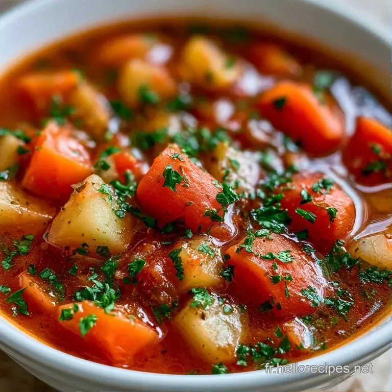 Bol en c&eacute;ramique contenant une soupe color&eacute;e, d&eacute;cor&eacute; d'un brin de persil frais et accompagn&eacute; de pain grill&eacute; dor&eacute;.