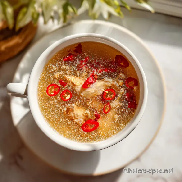 Bol en c&eacute;ramique blanche contenant un bouillon onctueux, garni de coriandre cisel&eacute;e et d'un filet d'huile piment&eacute;e.