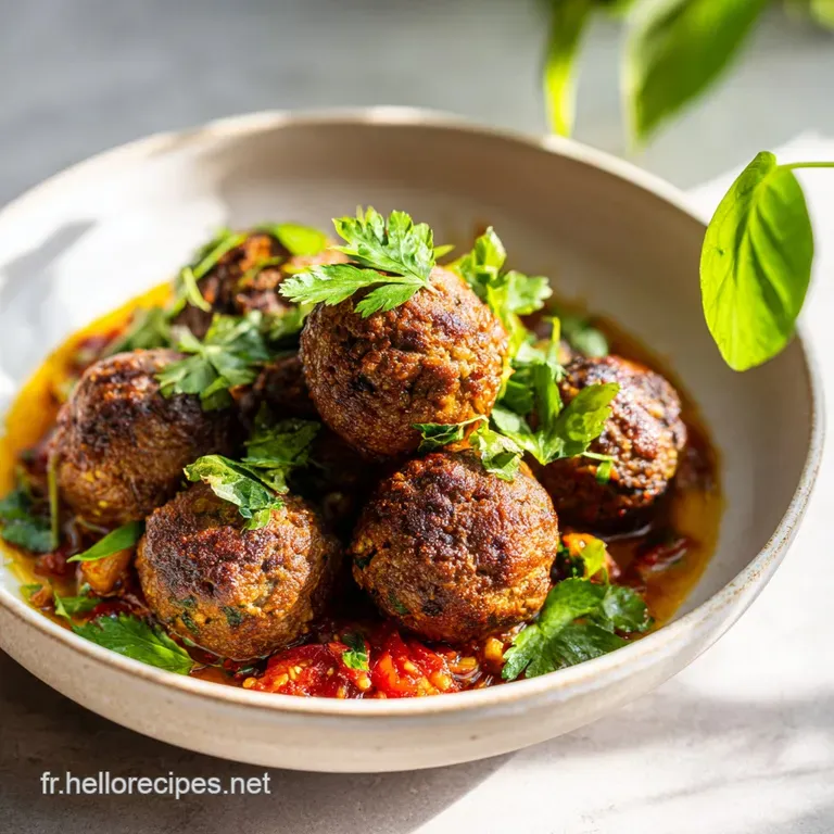 A single serving of tender meatballs nestled in fragrant tomato sauce, garnished with bright green cilantro, served in a r...