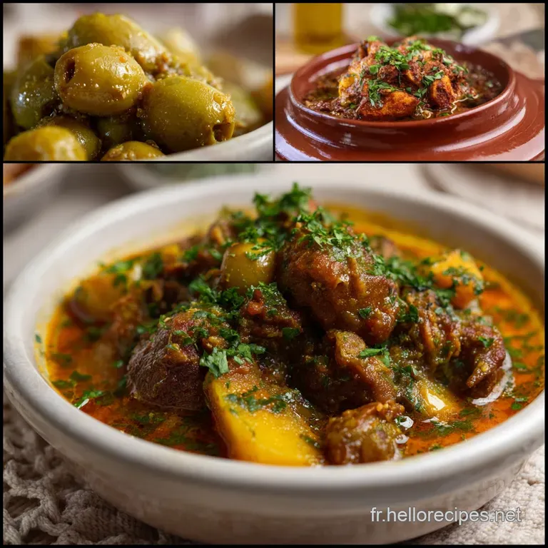 Elegant plating of the tagine, with olives and meat artfully arranged, surrounded by the deep hues of the sauce, and fragr...