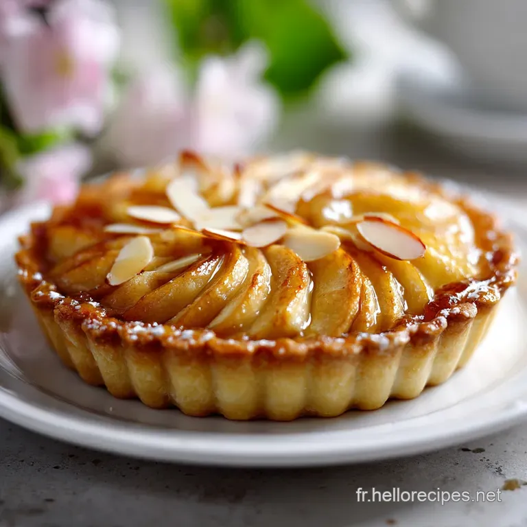 Elegant slice of almond apple tart on a white plate. Lightly browned apples peek through a sugary almond topping.