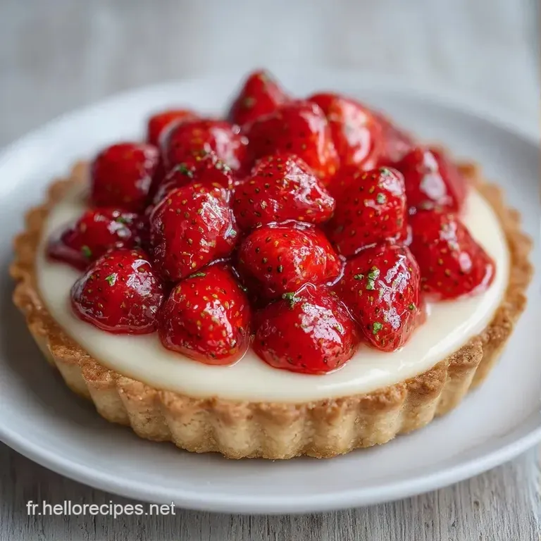 Part de dessert aux fruits rouges sur assiette blanche, avec un nappage brillant et une petite feuille de menthe fra&icirc;che.